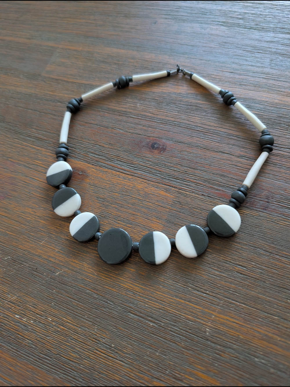 Hand Crafted Gray & White Half-Moon Disc Necklace